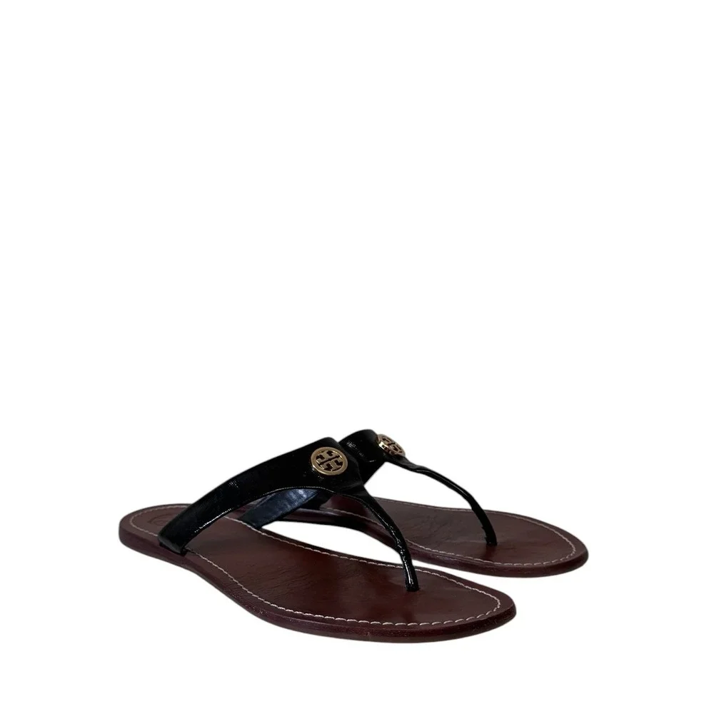 Tory Burch Miller Black Patent Leather Thong Sandals Brown Gold Logo Medallion